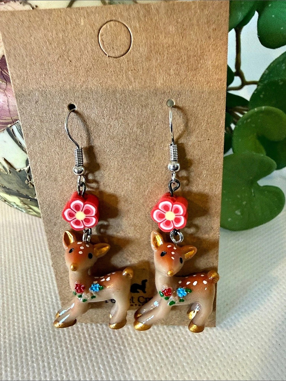 Handmade vintage holiday Sika flora Deer Dangle Earrings NWT